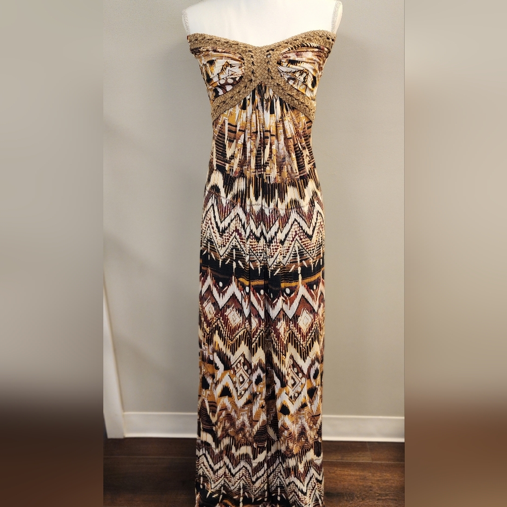 NWT, Large, Sky Strapless Maxi Boho Dress - Brown and Cream